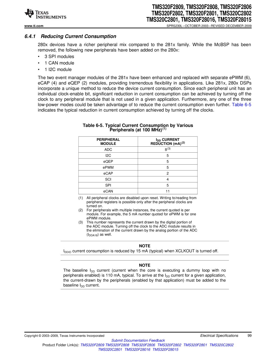 Texas Instruments TMS320F2809, TMS320F2808 Reducing Current Consumption, Peripheral DD Current Module, ADC I2C, Sci Spi 