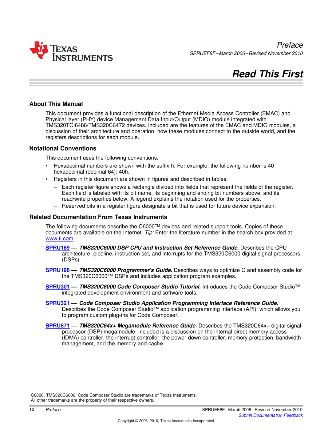 Texas Instruments TMS320TCI6486 manual Read This First 