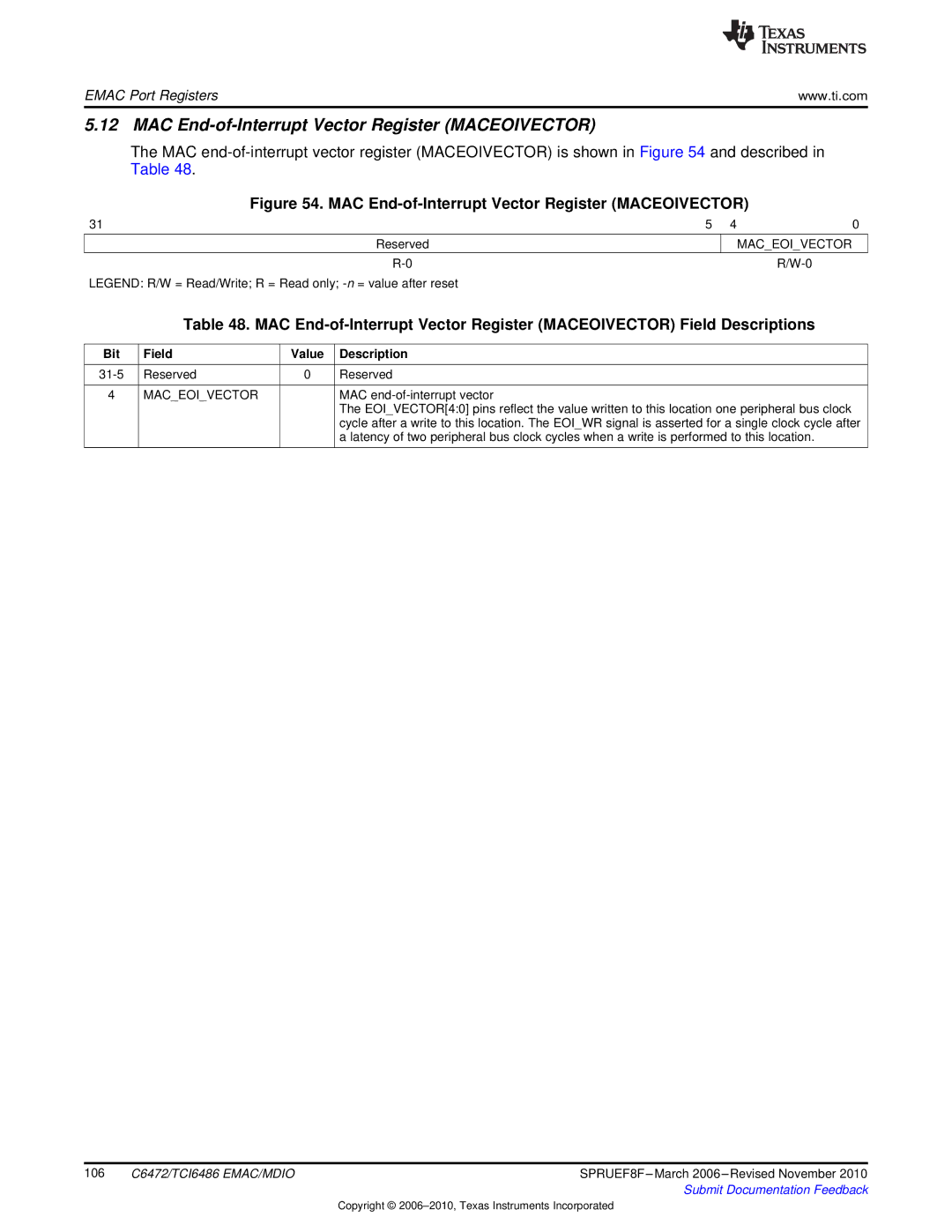 Texas Instruments TMS320TCI6486 manual MAC End-of-Interrupt Vector Register Maceoivector 