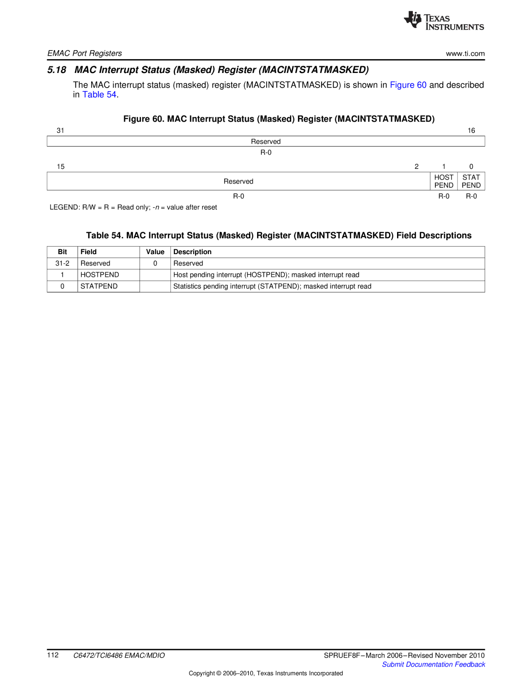 Texas Instruments TMS320TCI6486 manual MAC Interrupt Status Masked Register Macintstatmasked 