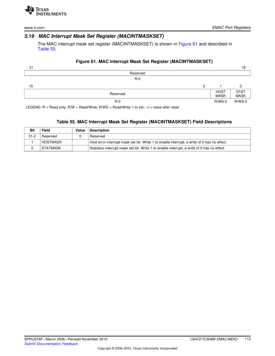 Texas Instruments TMS320TCI6486 manual MAC Interrupt Mask Set Register Macintmaskset, Host Stat Mask, Hostmask, Statmask 