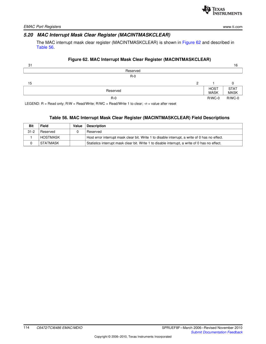 Texas Instruments TMS320TCI6486 manual MAC Interrupt Mask Clear Register Macintmaskclear 