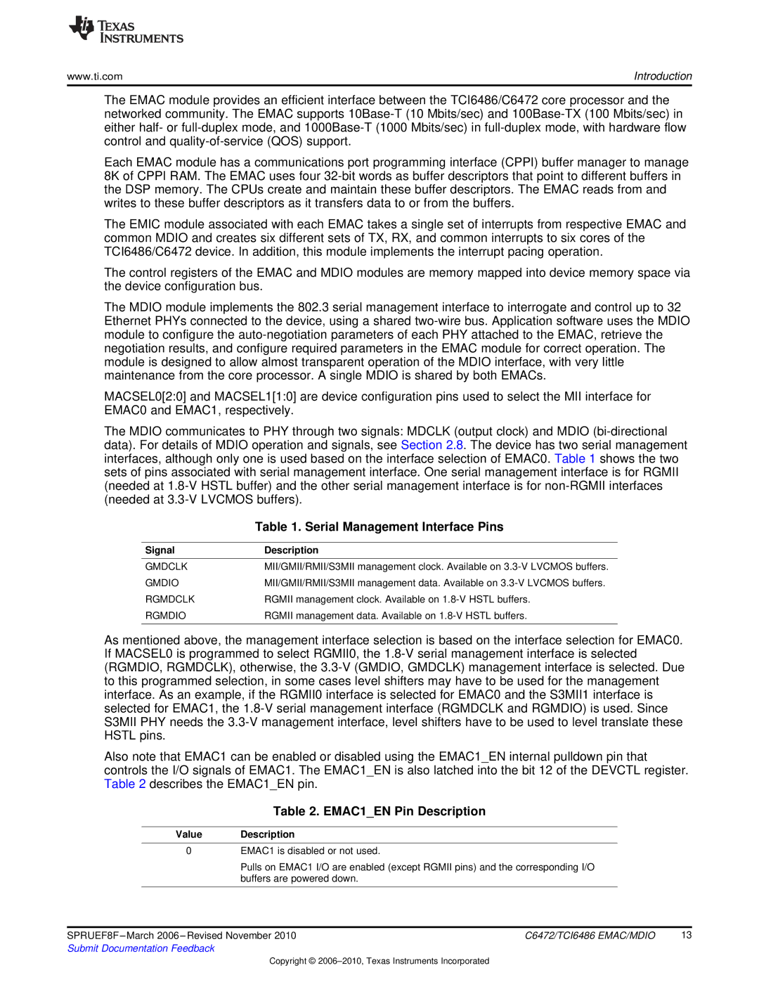 Texas Instruments TMS320TCI6486 manual Serial Management Interface Pins, EMAC1EN Pin Description, Signal Description 