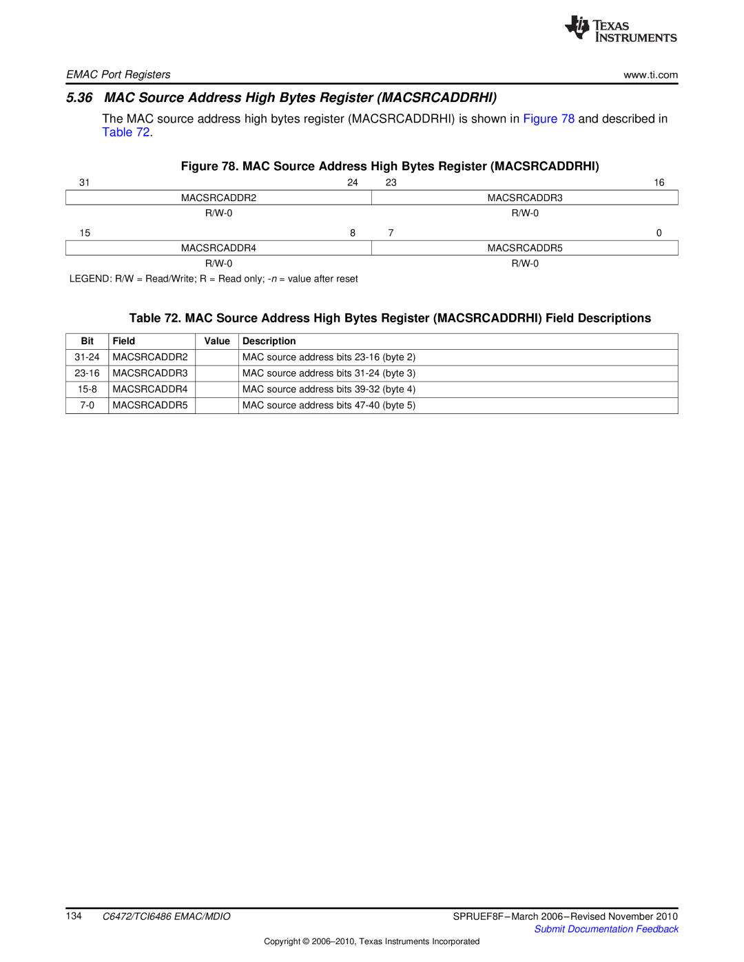 Texas Instruments TMS320TCI6486 manual MAC Source Address High Bytes Register Macsrcaddrhi, MACSRCADDR2 