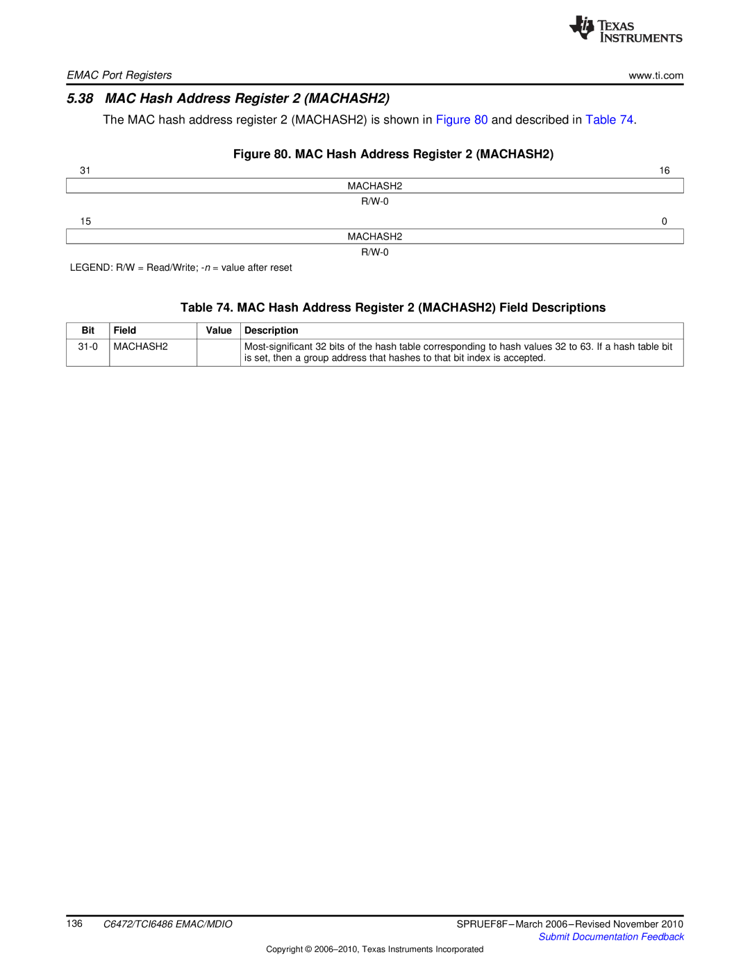 Texas Instruments TMS320TCI6486 manual MAC Hash Address Register 2 MACHASH2 