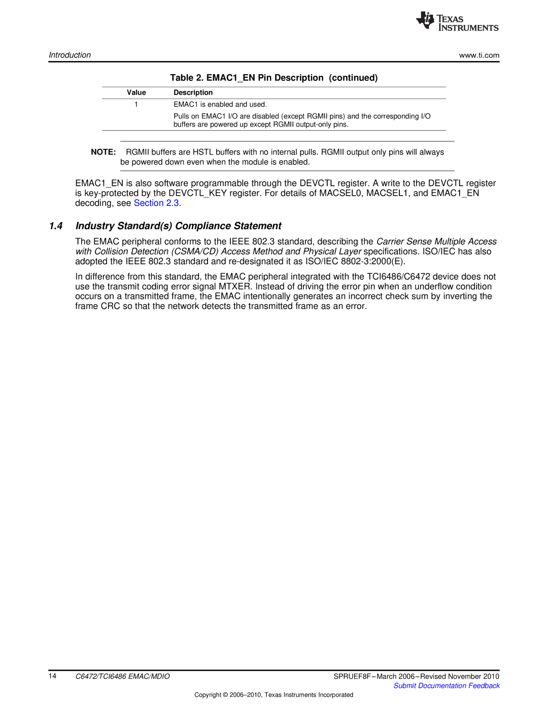 Texas Instruments TMS320TCI6486 manual Industry Standards Compliance Statement 