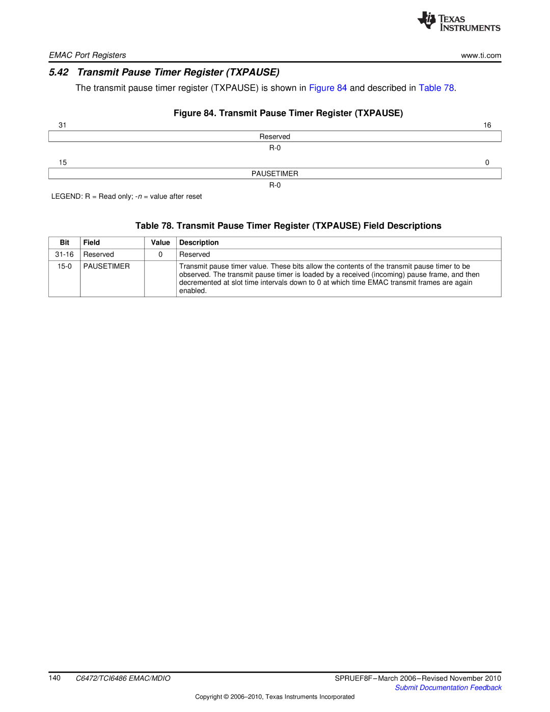 Texas Instruments TMS320TCI6486 manual Transmit Pause Timer Register Txpause 