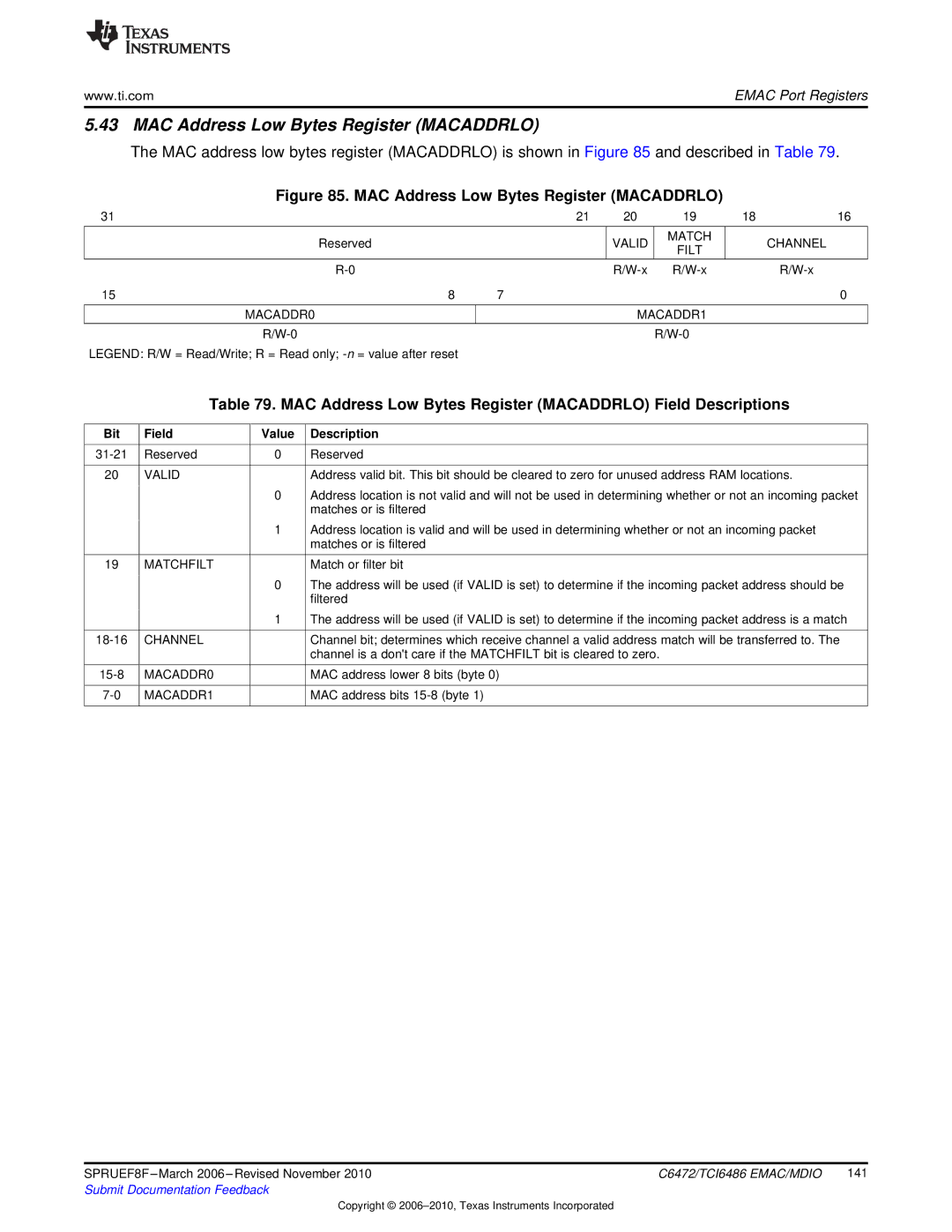 Texas Instruments TMS320TCI6486 manual MAC Address Low Bytes Register Macaddrlo, Valid Match Channel Filt MACADDR0 MACADDR1 