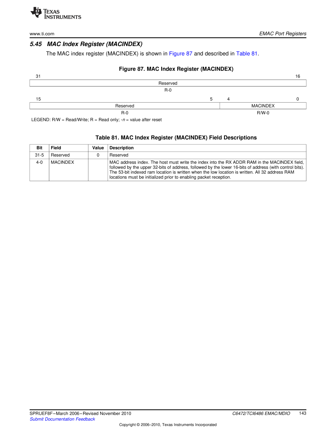 Texas Instruments TMS320TCI6486 manual MAC Index Register Macindex Field Descriptions 