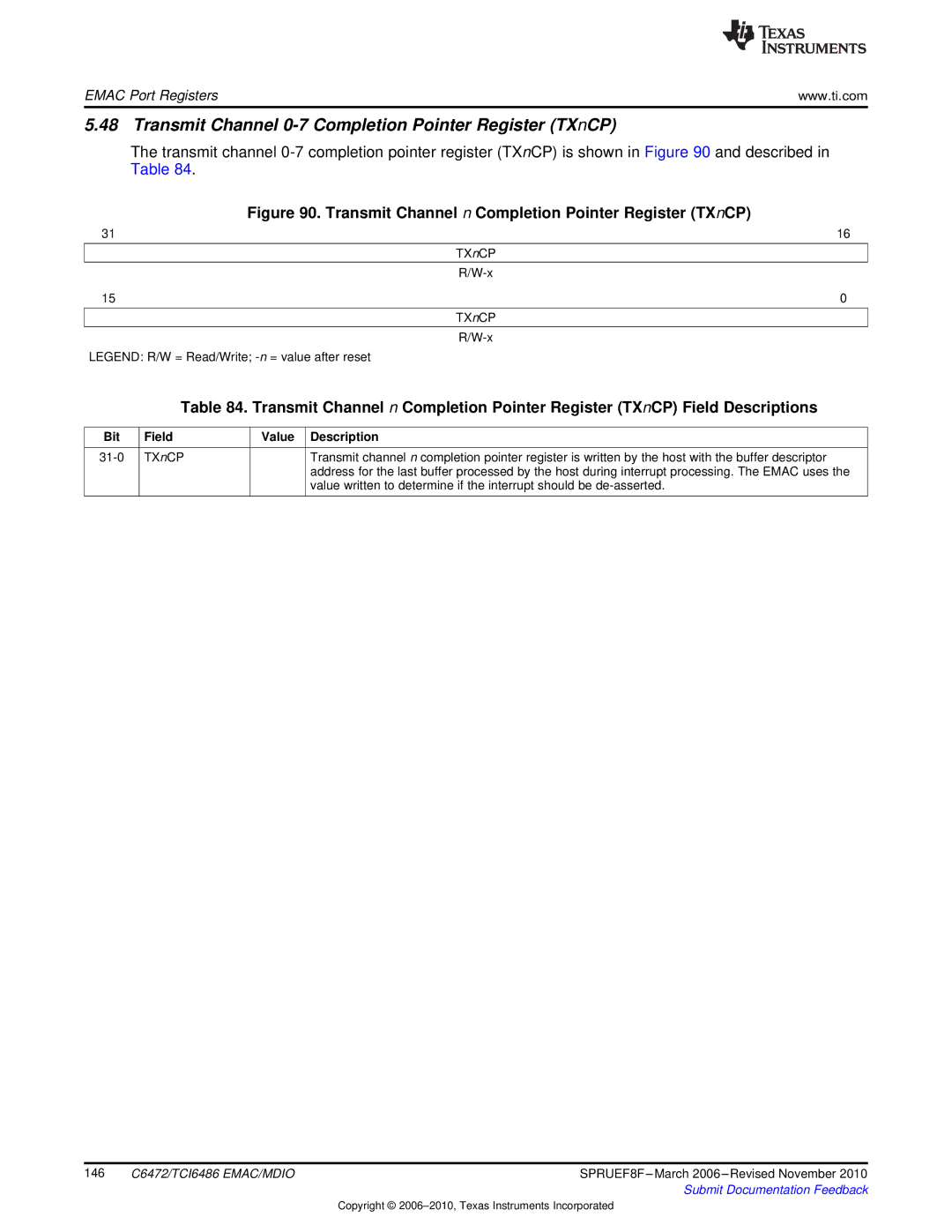 Texas Instruments TMS320TCI6486 manual Transmit Channel 0-7 Completion Pointer Register TXnCP 