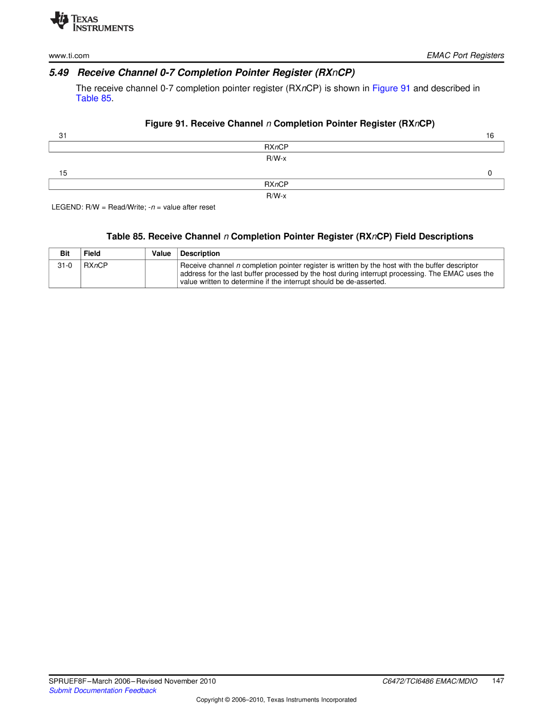 Texas Instruments TMS320TCI6486 manual Receive Channel 0-7 Completion Pointer Register RXnCP 