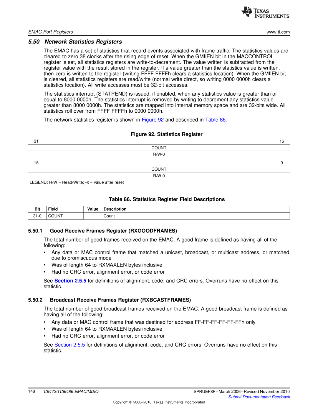 Texas Instruments TMS320TCI6486 manual Network Statistics Registers, Statistics Register Field Descriptions, Count 