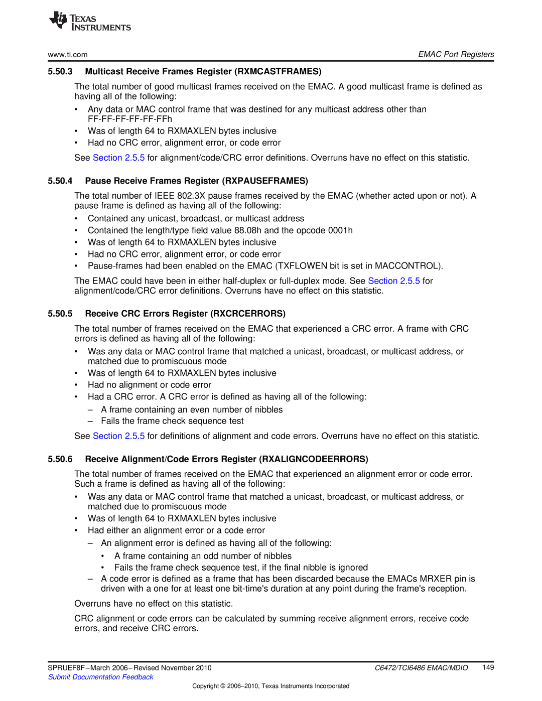 Texas Instruments TMS320TCI6486 Multicast Receive Frames Register Rxmcastframes, Receive CRC Errors Register Rxcrcerrors 