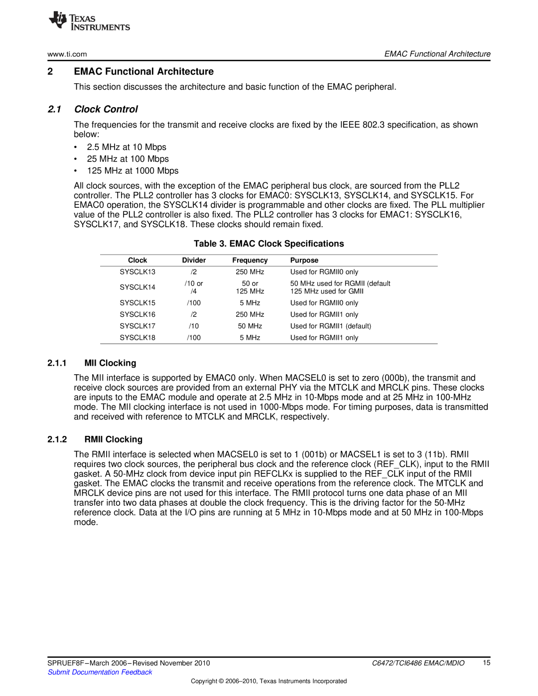 Texas Instruments TMS320TCI6486 manual Clock Control, Emac Clock Specifications, MII Clocking, Rmii Clocking, Purpose 