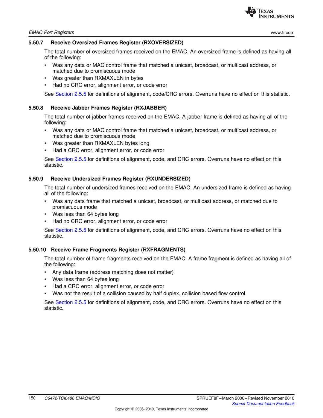 Texas Instruments TMS320TCI6486 Receive Oversized Frames Register Rxoversized, Receive Jabber Frames Register Rxjabber 