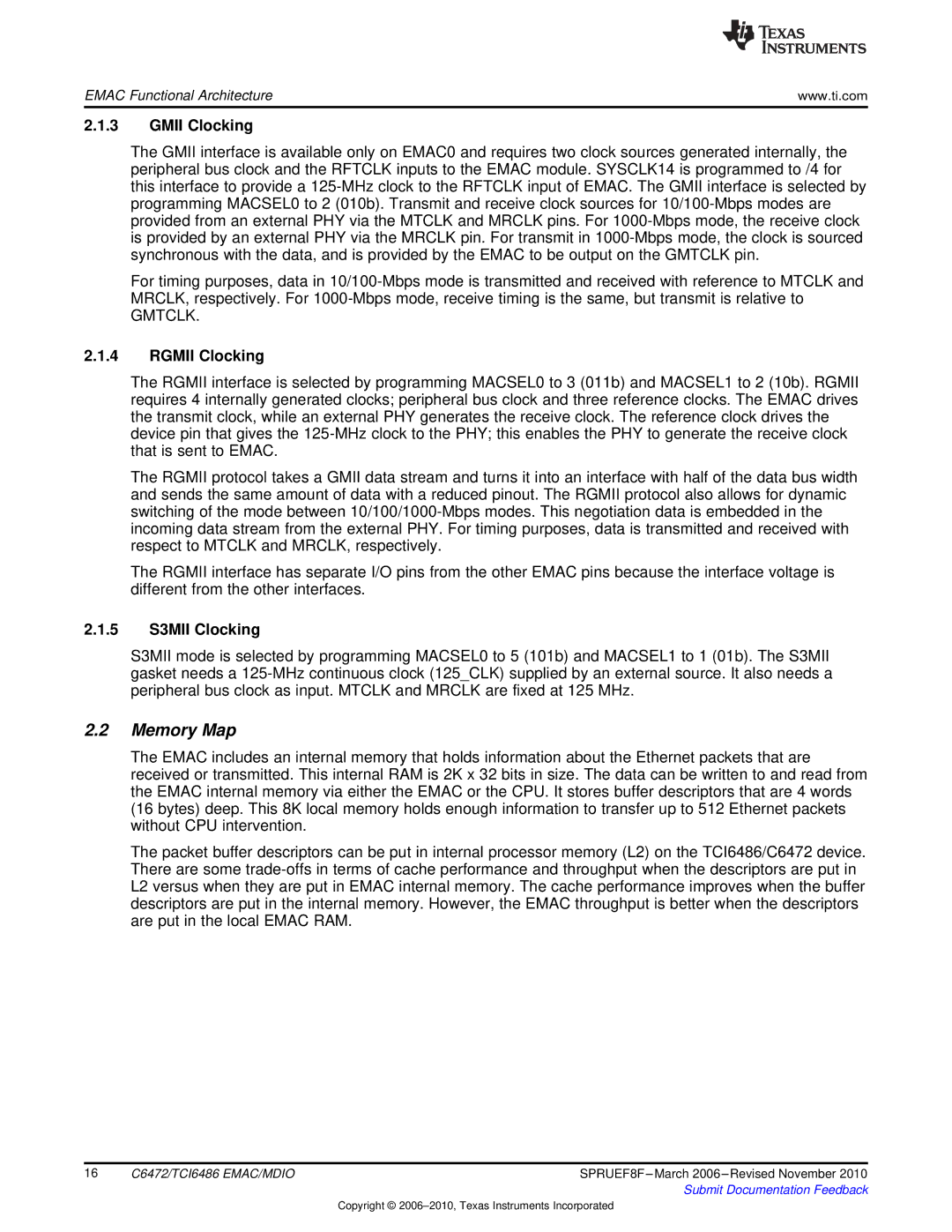 Texas Instruments TMS320TCI6486 manual Memory Map, Gmii Clocking, Rgmii Clocking, 5 S3MII Clocking 