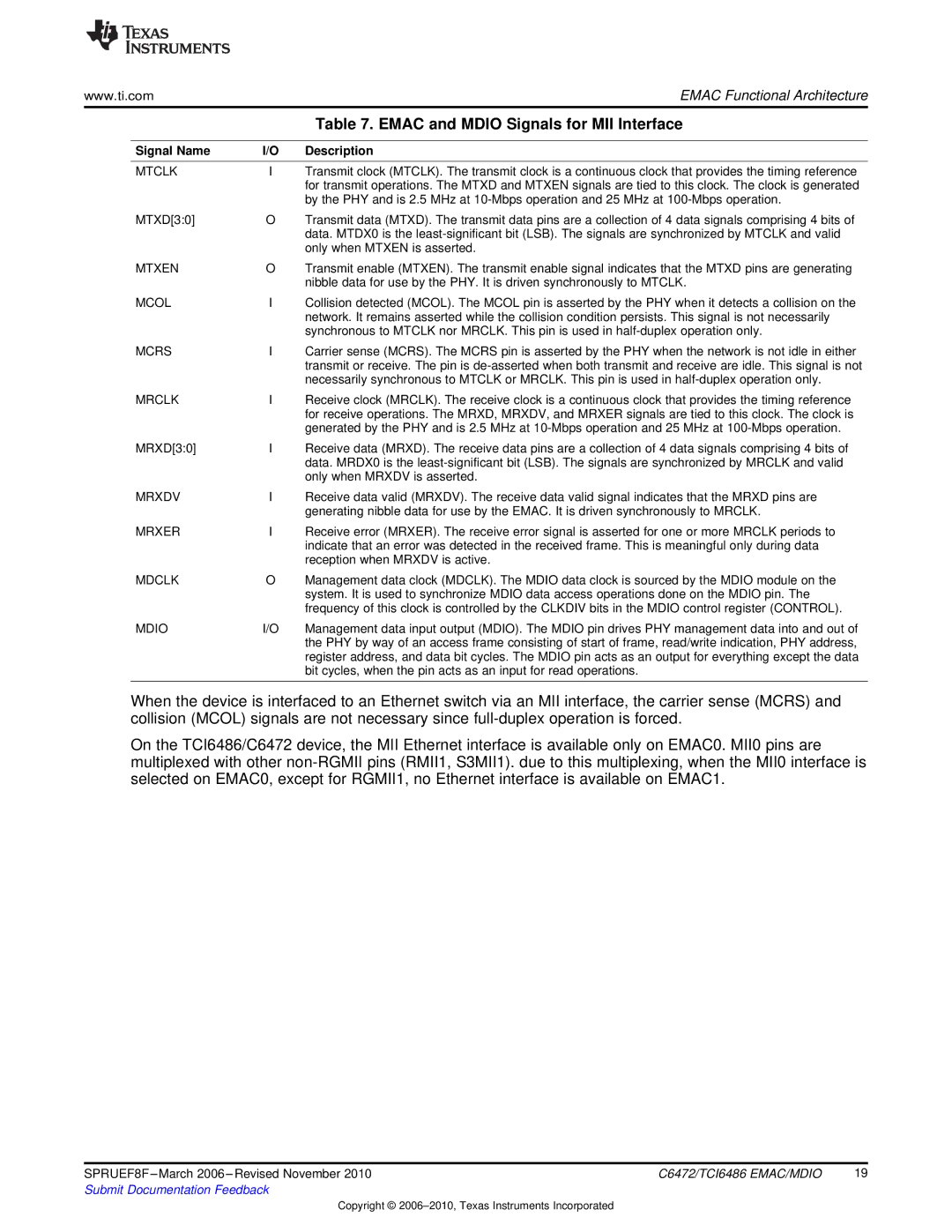 Texas Instruments TMS320TCI6486 manual Emac and Mdio Signals for MII Interface, Signal Name Description 