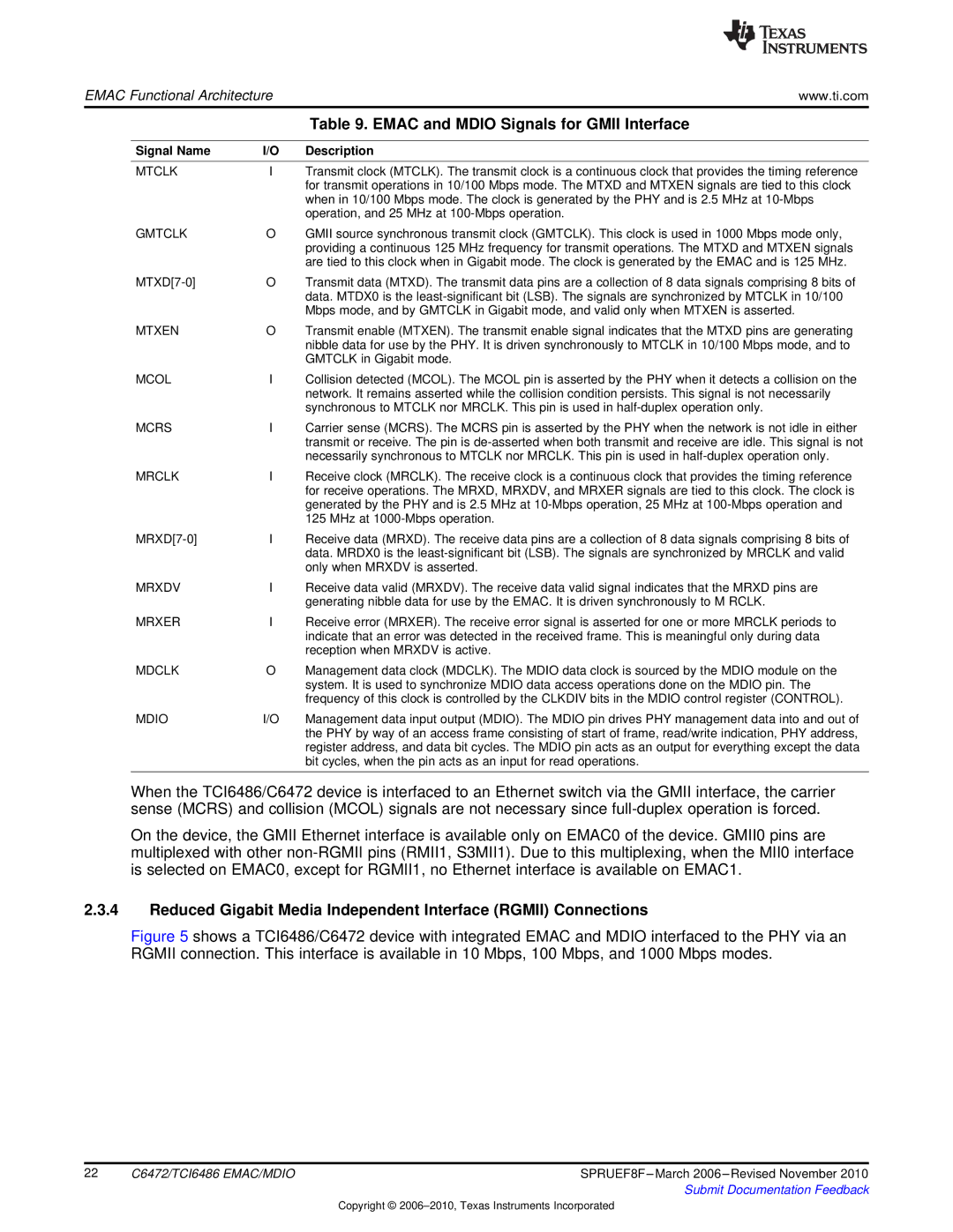 Texas Instruments TMS320TCI6486 manual Emac and Mdio Signals for Gmii Interface, Gmtclk 