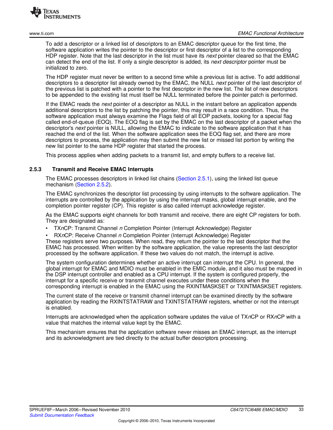 Texas Instruments TMS320TCI6486 manual Transmit and Receive Emac Interrupts 