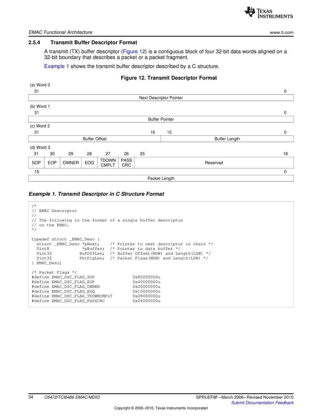 Texas Instruments TMS320TCI6486 Transmit Buffer Descriptor Format, Example 1. Transmit Descriptor in C Structure Format 