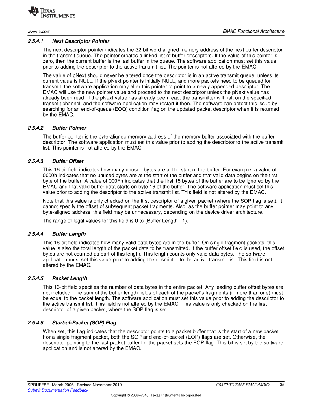 Texas Instruments TMS320TCI6486 manual Next Descriptor Pointer, Buffer Pointer, Buffer Offset, Buffer Length, Packet Length 