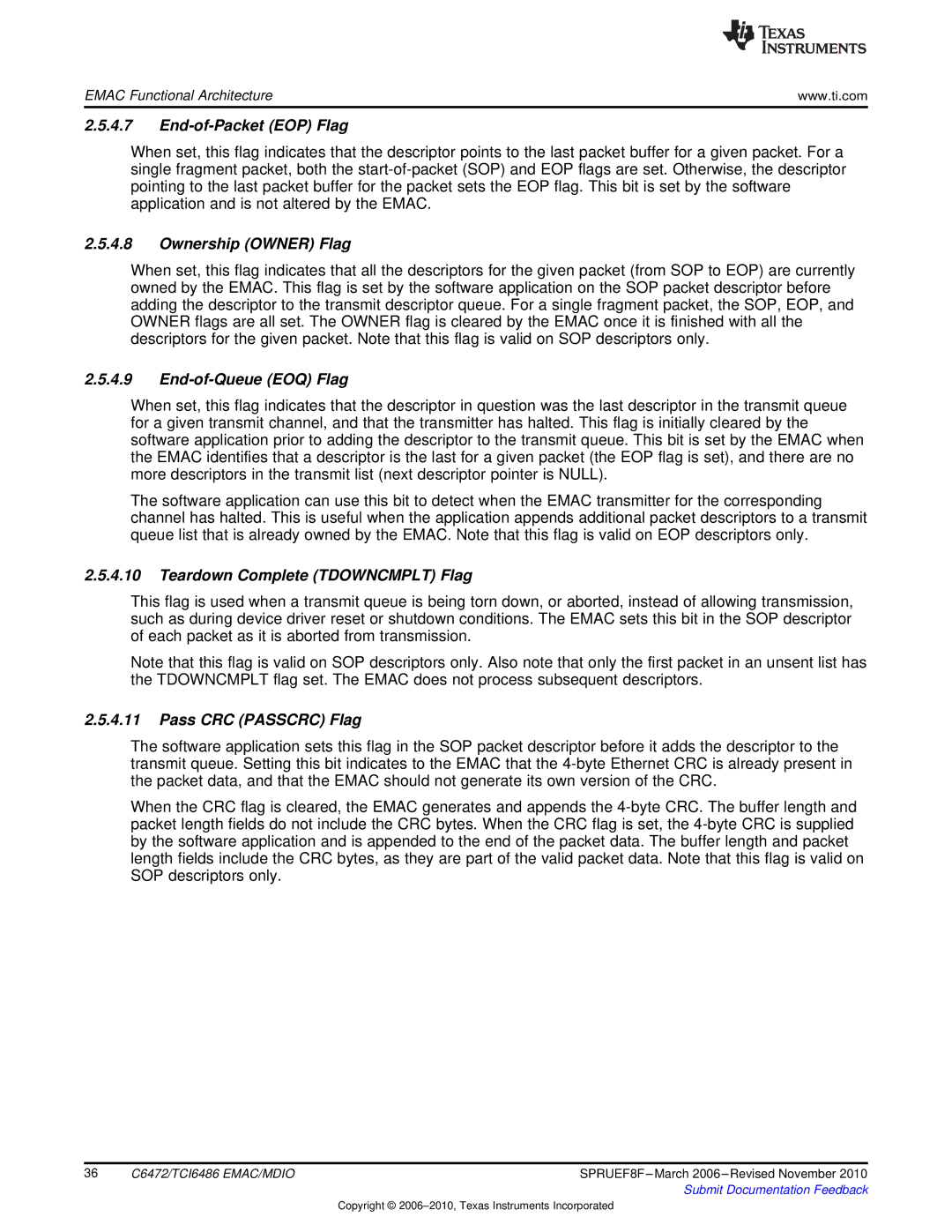 Texas Instruments TMS320TCI6486 End-of-Packet EOP Flag, Ownership Owner Flag, End-of-Queue EOQ Flag, Pass CRC Passcrc Flag 