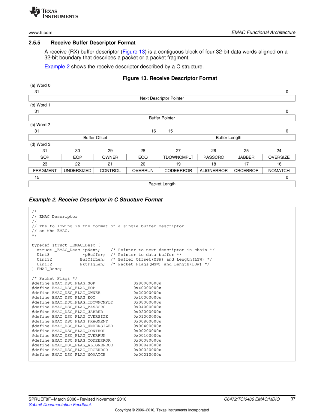 Texas Instruments TMS320TCI6486 Receive Buffer Descriptor Format, Example 2. Receive Descriptor in C Structure Format 