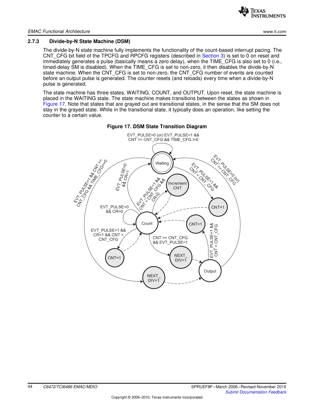 Texas Instruments TMS320TCI6486 manual Divide-by-N State Machine DSM, DSM State Transition Diagram 