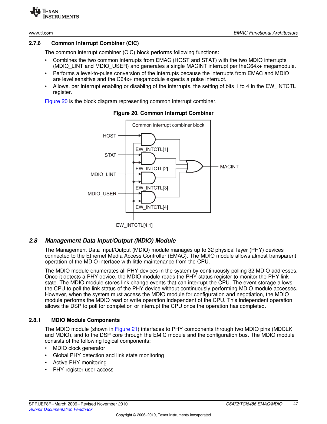 Texas Instruments TMS320TCI6486 manual Management Data Input/Output Mdio Module, Common Interrupt Combiner CIC 