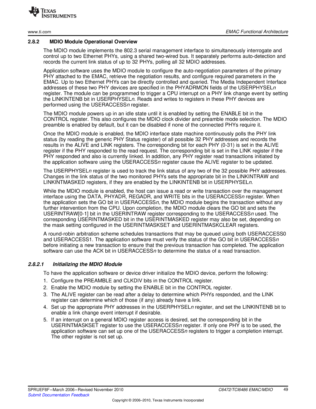 Texas Instruments TMS320TCI6486 manual Mdio Module Operational Overview, Initializing the Mdio Module 