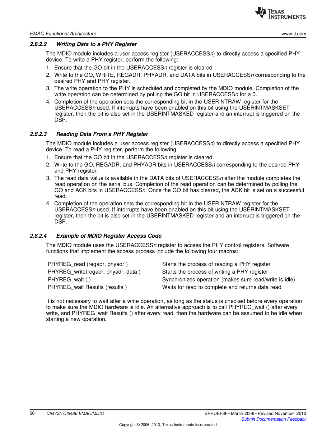 Texas Instruments TMS320TCI6486 manual Writing Data to a PHY Register, Reading Data From a PHY Register 