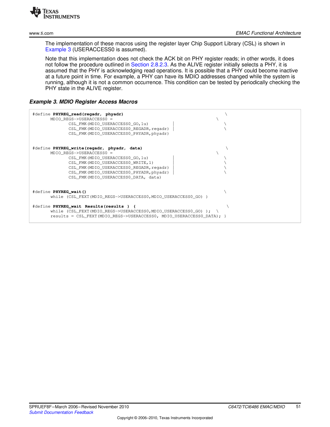 Texas Instruments TMS320TCI6486 manual Example 3. Mdio Register Access Macros, #define PHYREGreadregadr, phyadr 