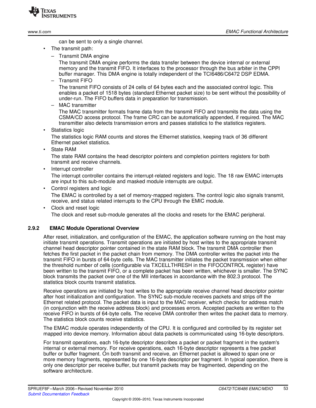 Texas Instruments TMS320TCI6486 manual Emac Module Operational Overview 