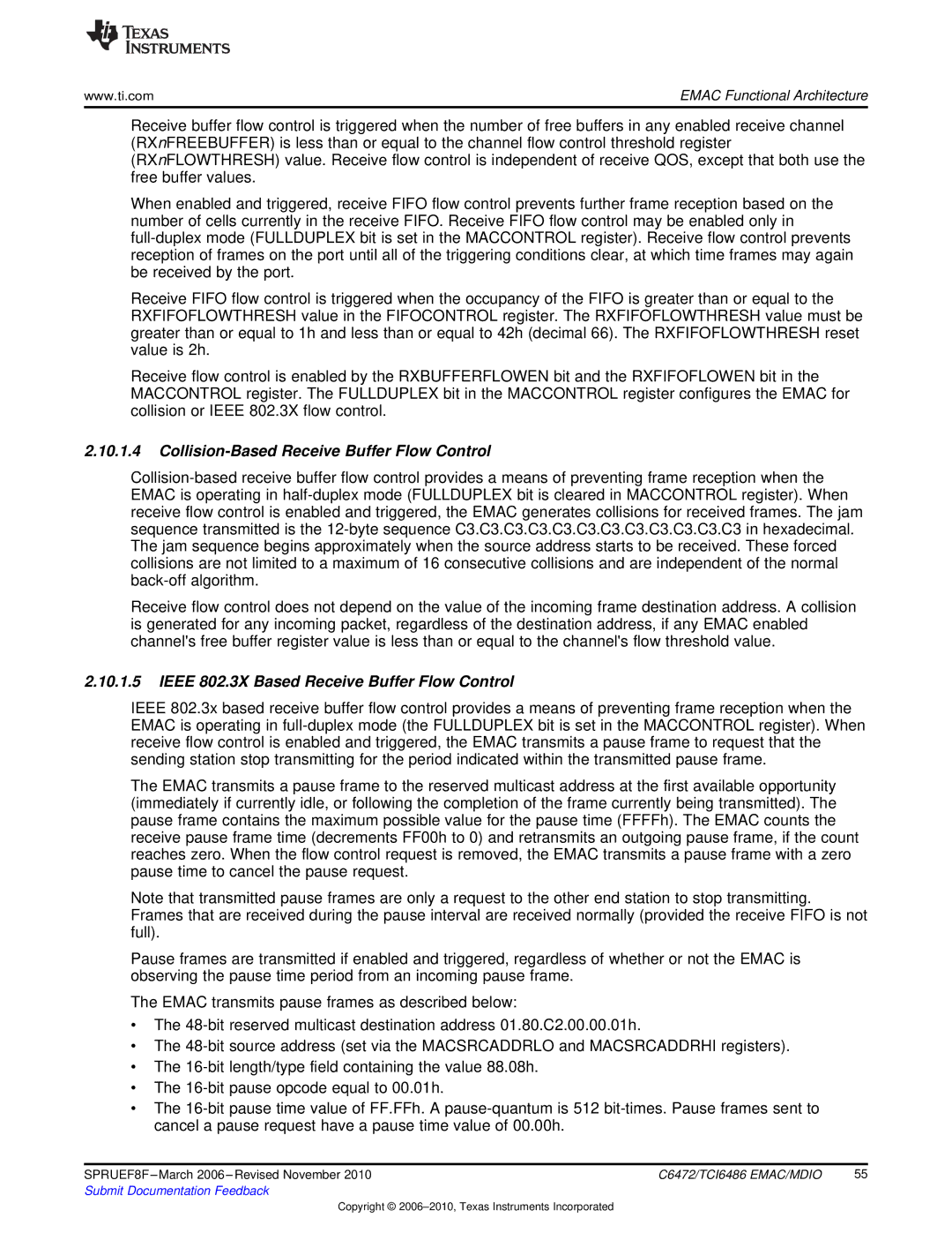 Texas Instruments TMS320TCI6486 Collision-Based Receive Buffer Flow Control, Ieee 802.3X Based Receive Buffer Flow Control 