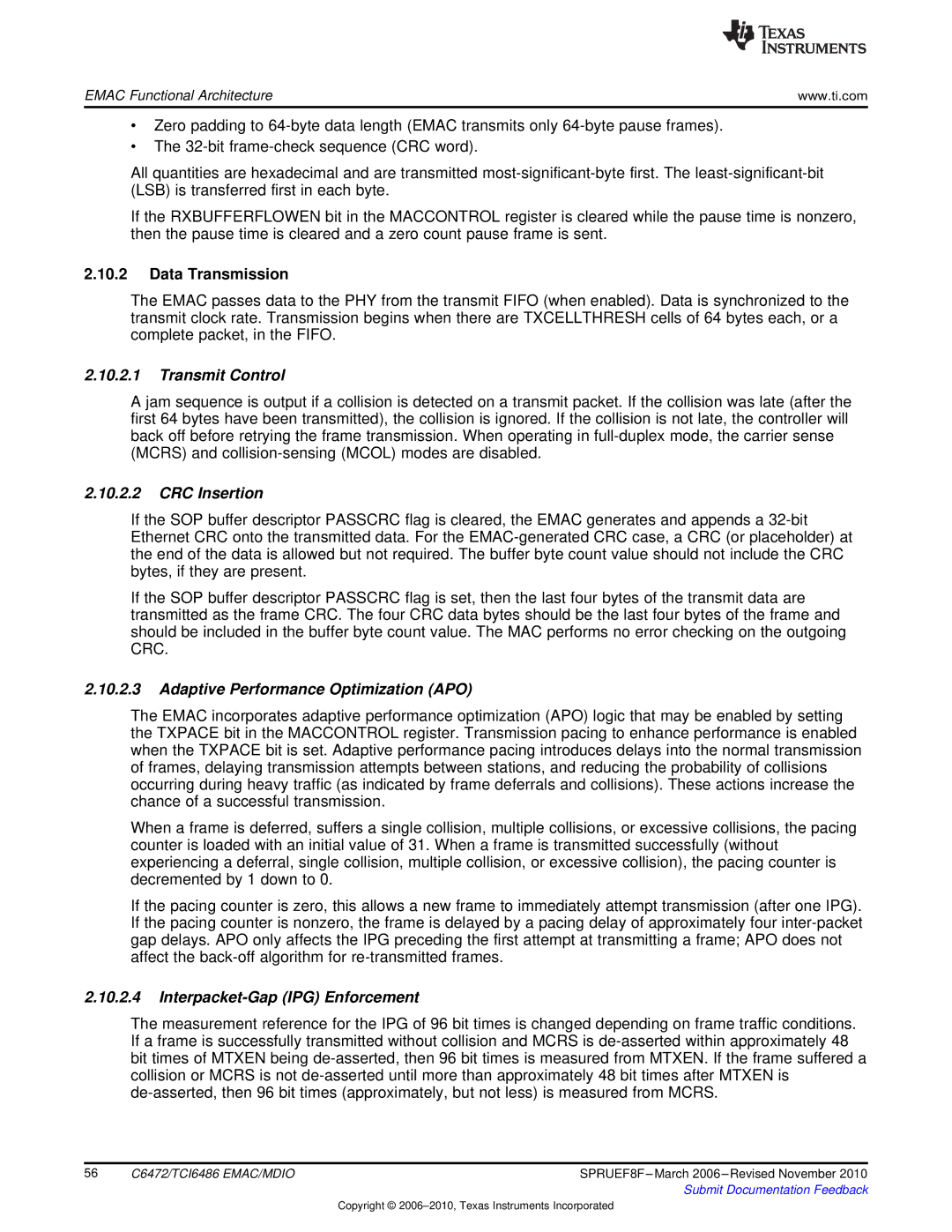 Texas Instruments TMS320TCI6486 Data Transmission, Transmit Control, CRC Insertion, Adaptive Performance Optimization APO 