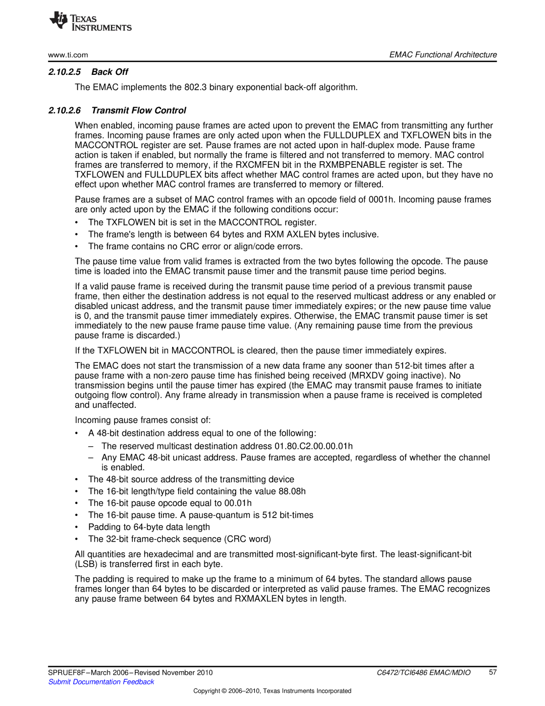 Texas Instruments TMS320TCI6486 manual Back Off, Transmit Flow Control 