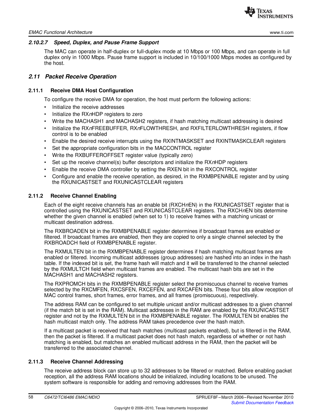 Texas Instruments TMS320TCI6486 Packet Receive Operation, Speed, Duplex, and Pause Frame Support, Receive Channel Enabling 