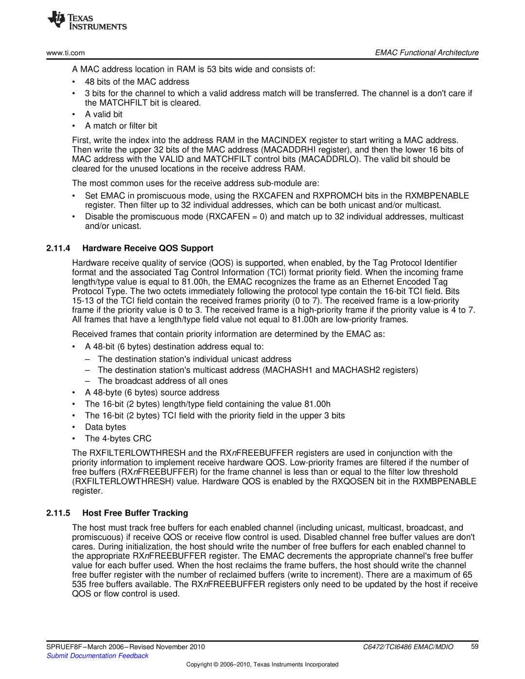Texas Instruments TMS320TCI6486 manual Hardware Receive QOS Support, Host Free Buffer Tracking 
