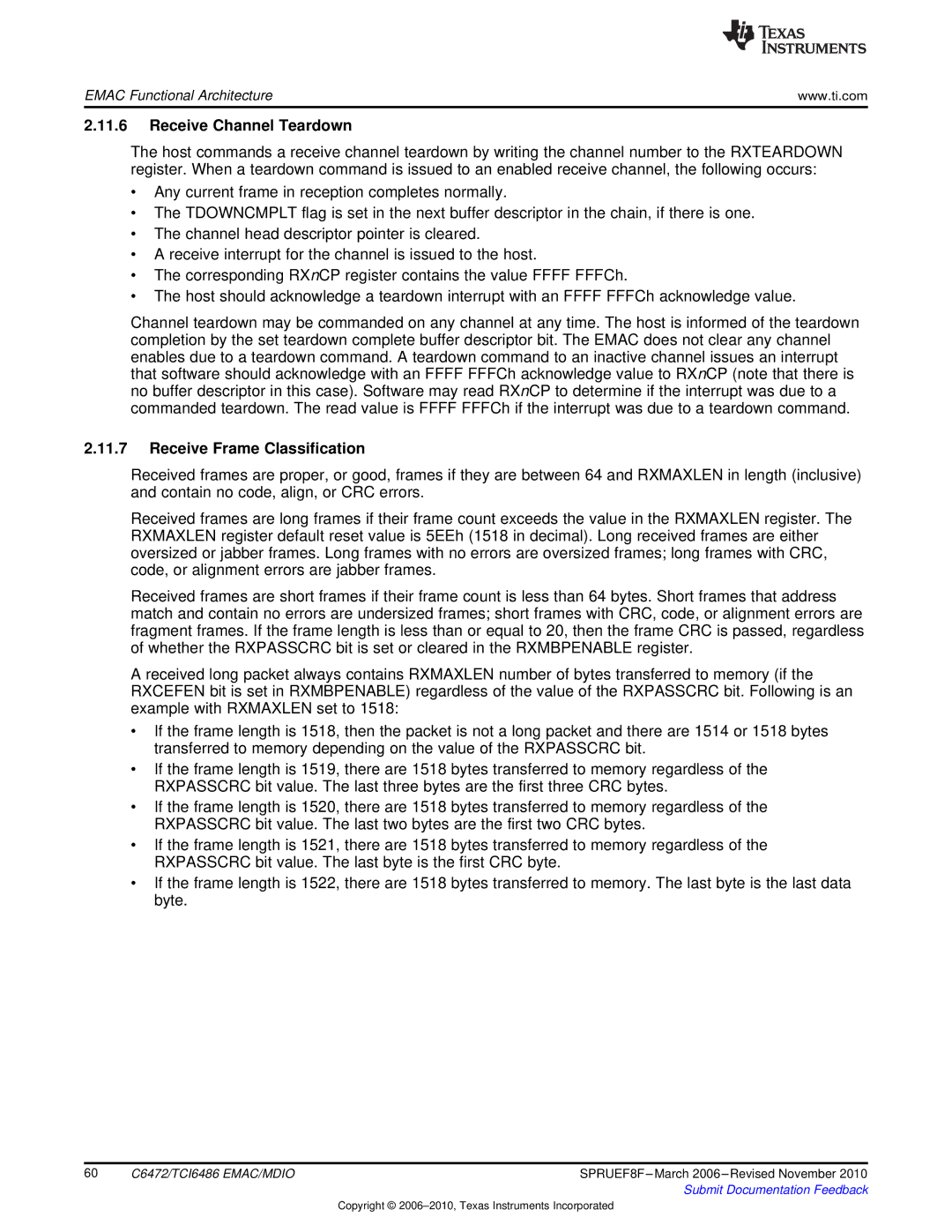 Texas Instruments TMS320TCI6486 manual Receive Channel Teardown, Receive Frame Classification 