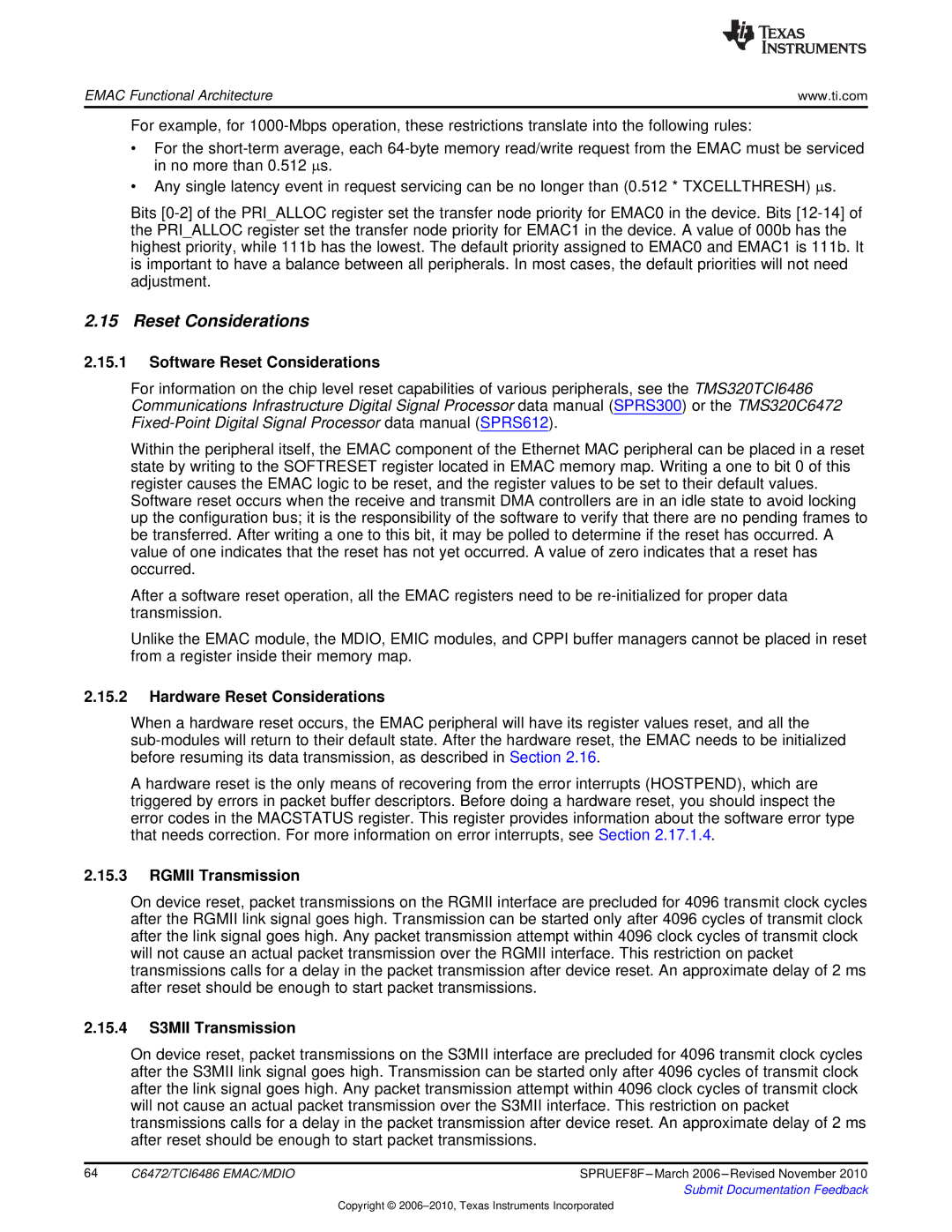 Texas Instruments TMS320TCI6486 manual Software Reset Considerations, Hardware Reset Considerations, Rgmii Transmission 