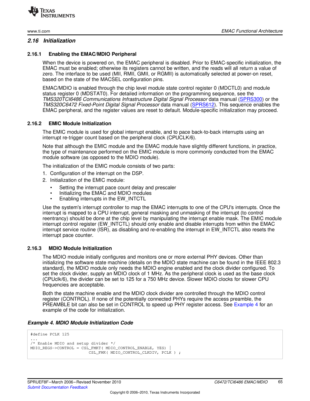 Texas Instruments TMS320TCI6486 manual Enabling the EMAC/MDIO Peripheral, Emic Module Initialization 