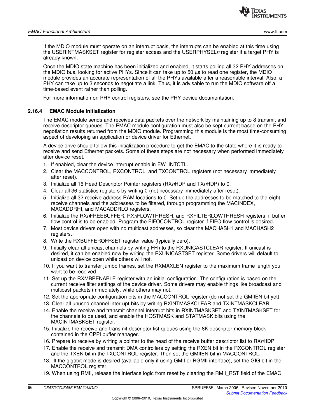 Texas Instruments TMS320TCI6486 manual Emac Module Initialization 