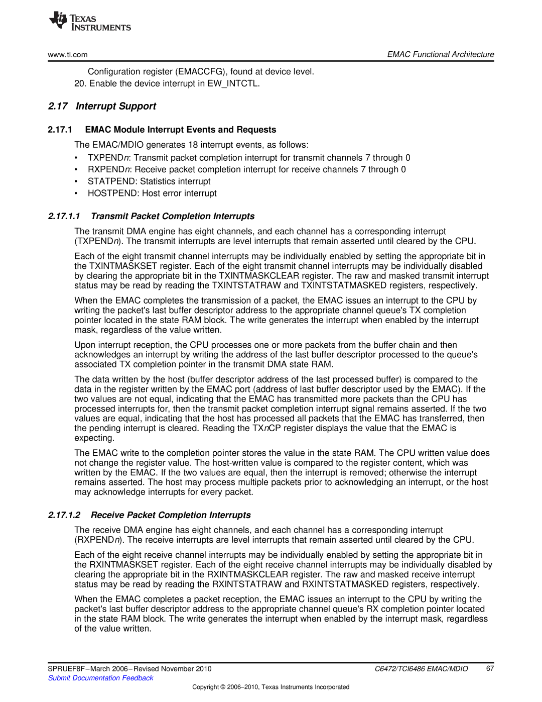 Texas Instruments TMS320TCI6486 manual Interrupt Support, Emac Module Interrupt Events and Requests 