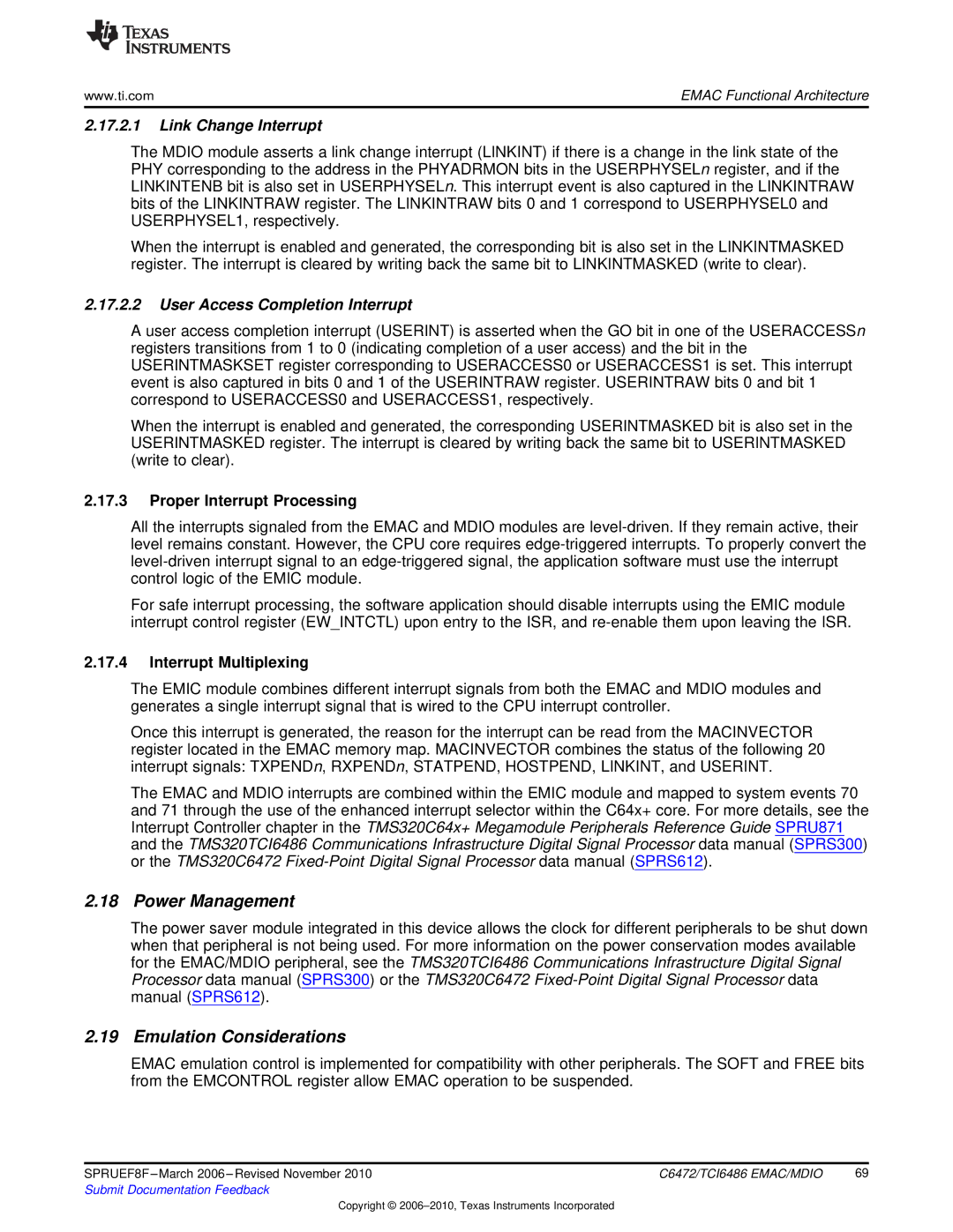 Texas Instruments TMS320TCI6486 manual Power Management, Emulation Considerations, Link Change Interrupt 