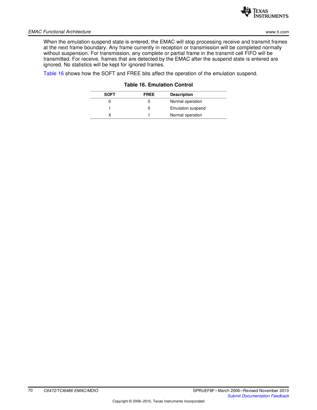 Texas Instruments TMS320TCI6486 manual Emulation Control, Soft Free 