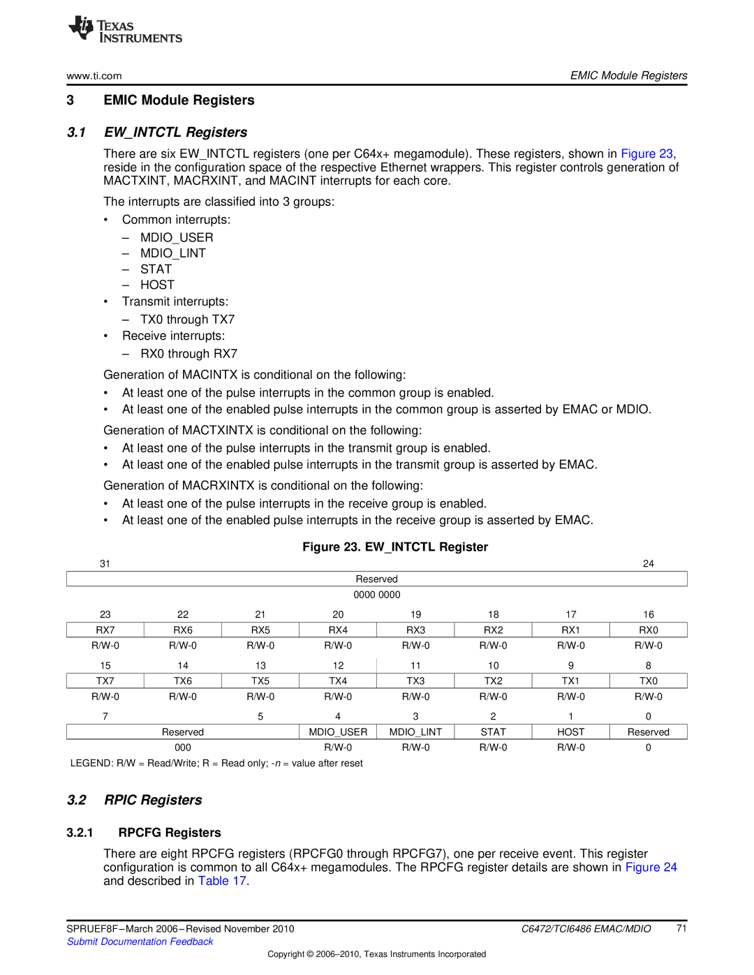 Texas Instruments TMS320TCI6486 manual Ewintctl Registers, Rpic Registers, Rpcfg Registers, Mdiouser Mdiolint Stat Host 