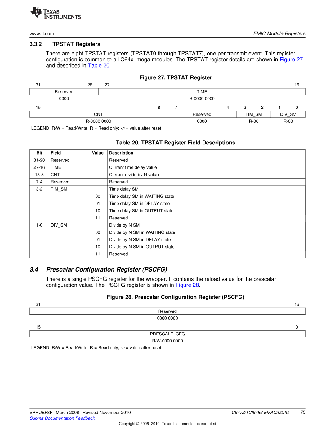 Texas Instruments TMS320TCI6486 manual Prescalar Configuration Register Pscfg, Tpstat Registers, Prescalecfg 