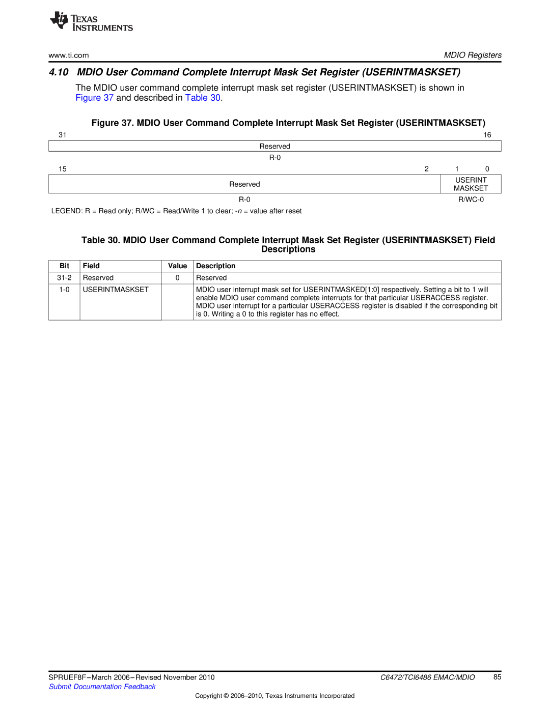 Texas Instruments TMS320TCI6486 manual Maskset, Userintmaskset 