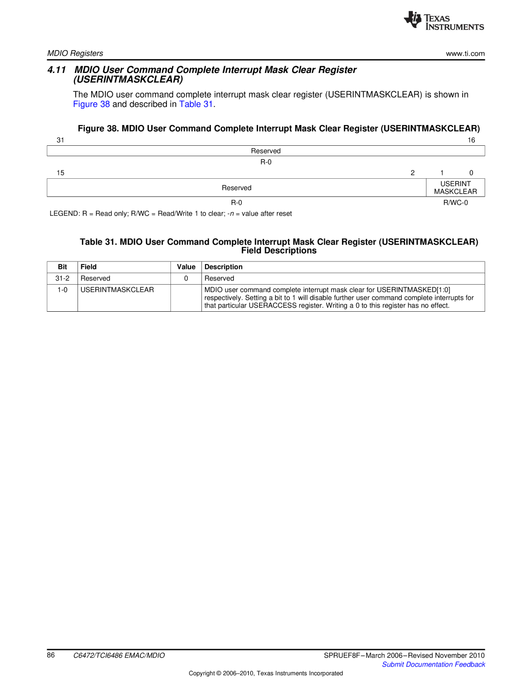 Texas Instruments TMS320TCI6486 manual Mdio User Command Complete Interrupt Mask Clear Register, Maskclear 