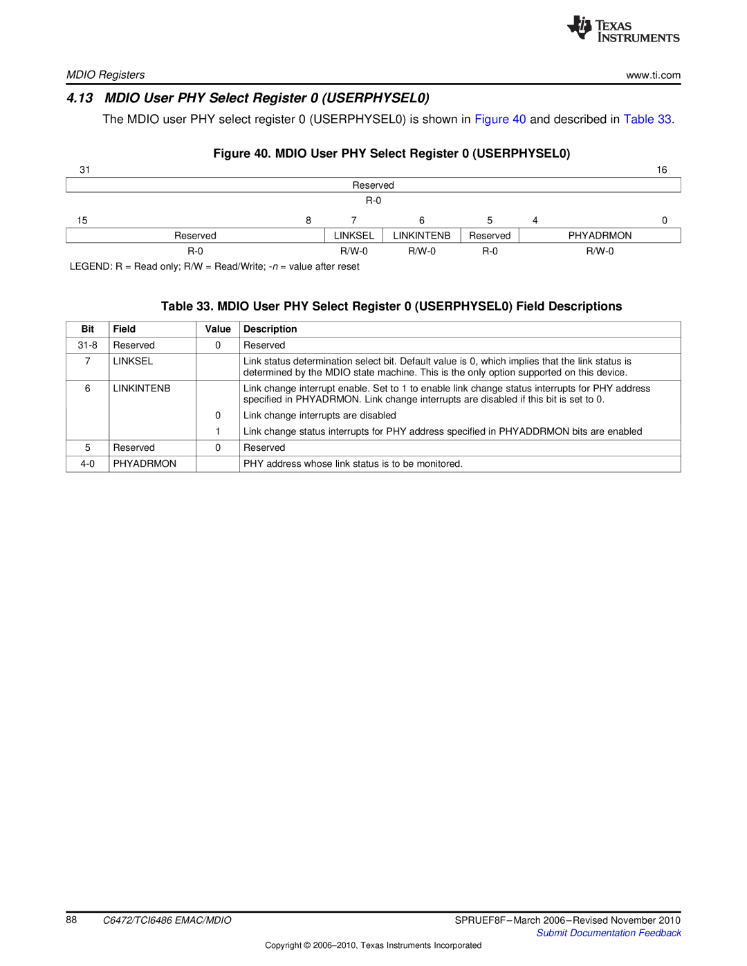 Texas Instruments TMS320TCI6486 manual Mdio User PHY Select Register 0 USERPHYSEL0, Linksel Linkintenb, Phyadrmon 